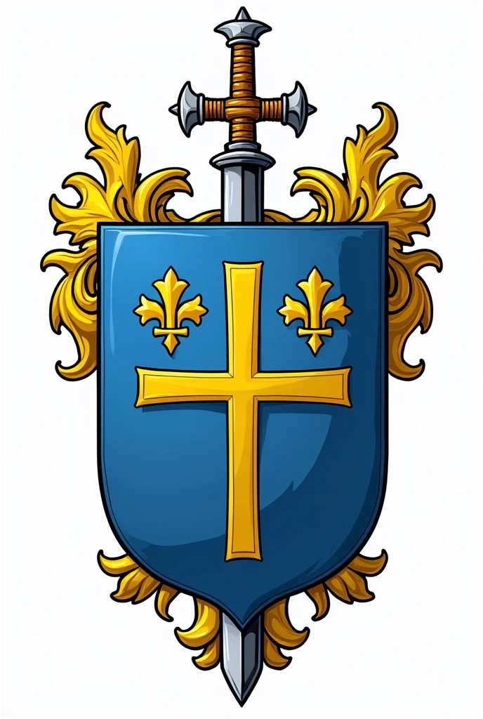 Coat of arms logo with blue shield, transparent background. Drawn on the national emblem, It&#39;s yellow., A cross and an arm holding an axe and a sword are embedded behind the shield --automatic. 