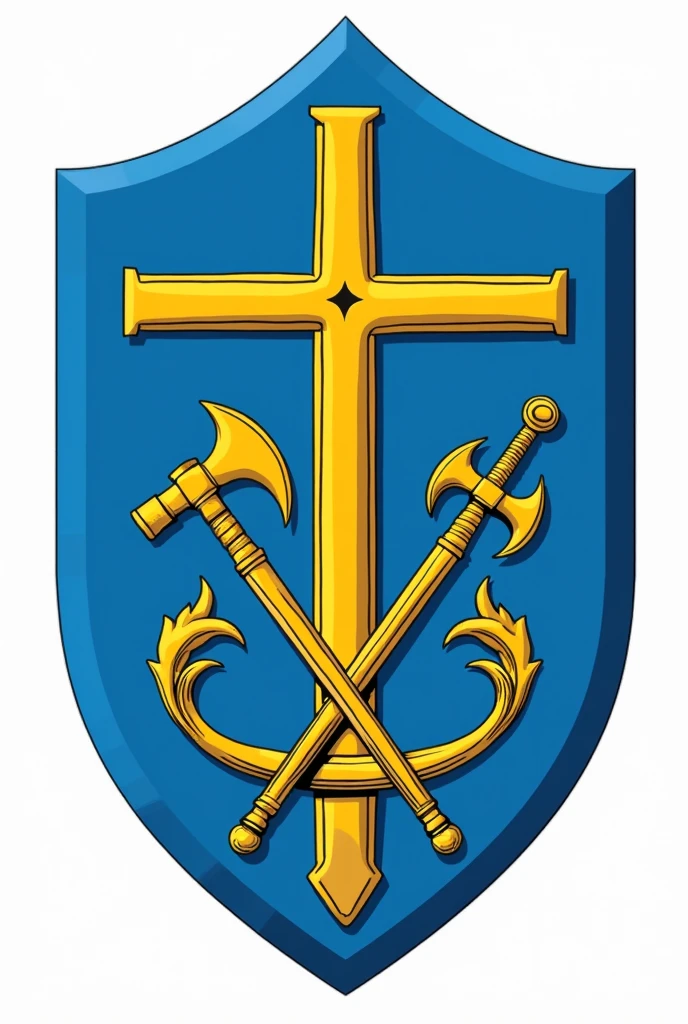Coat of arms logo with blue shield, transparent background. Drawn on the national emblem, It&#39;s yellow., A cross and an arm holding an axe and a sword are embedded behind the shield --automatic. 