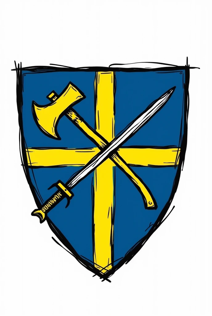 Coat of arms logo with blue shield, transparent background. Drawn on the national emblem, It's yellow., A cross and an arm holding an axe and a sword are embedded behind the shield --automatic.