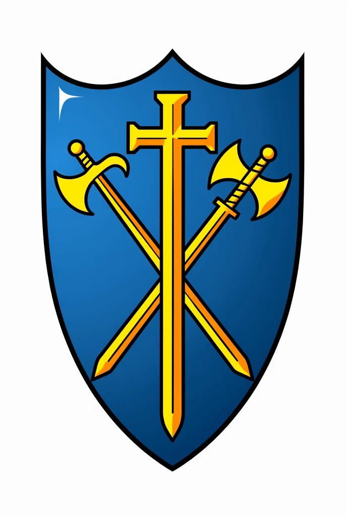 Coat of arms logo with blue shield, transparent background. Drawn on the national emblem, It&#39;s yellow., A cross and an arm holding an axe and a sword are embedded behind the shield --automatic. 