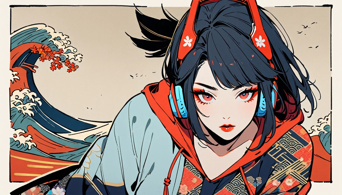 (((1 girl))), (((Flashy makeup))), (((Japanese style headphones))), (((Japanese pattern hoodie))), (((Japanese sword))), (((Female samurai))), Japanese beautiful girl, Black Hair, Delicate and precise, Modern ukiyo-e style, Japanese flag, red and blue neon
