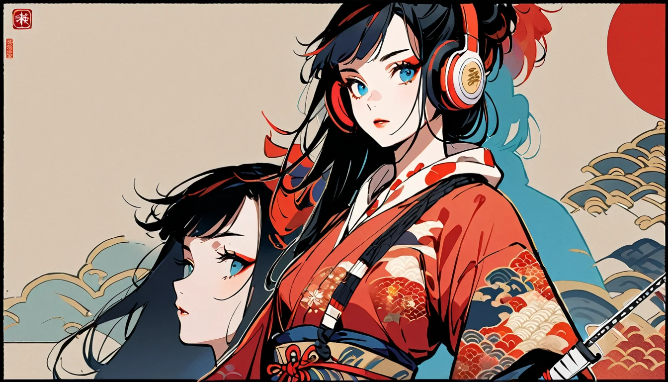 (((1 girl))), (((Flashy makeup))), (((Japanese style headphones))), (((Japanese pattern hoodie))), (((Japanese sword))), (((Female samurai))), Japanese beautiful girl, Black Hair, Delicate and precise, Modern ukiyo-e style, Japanese flag, red and blue neon