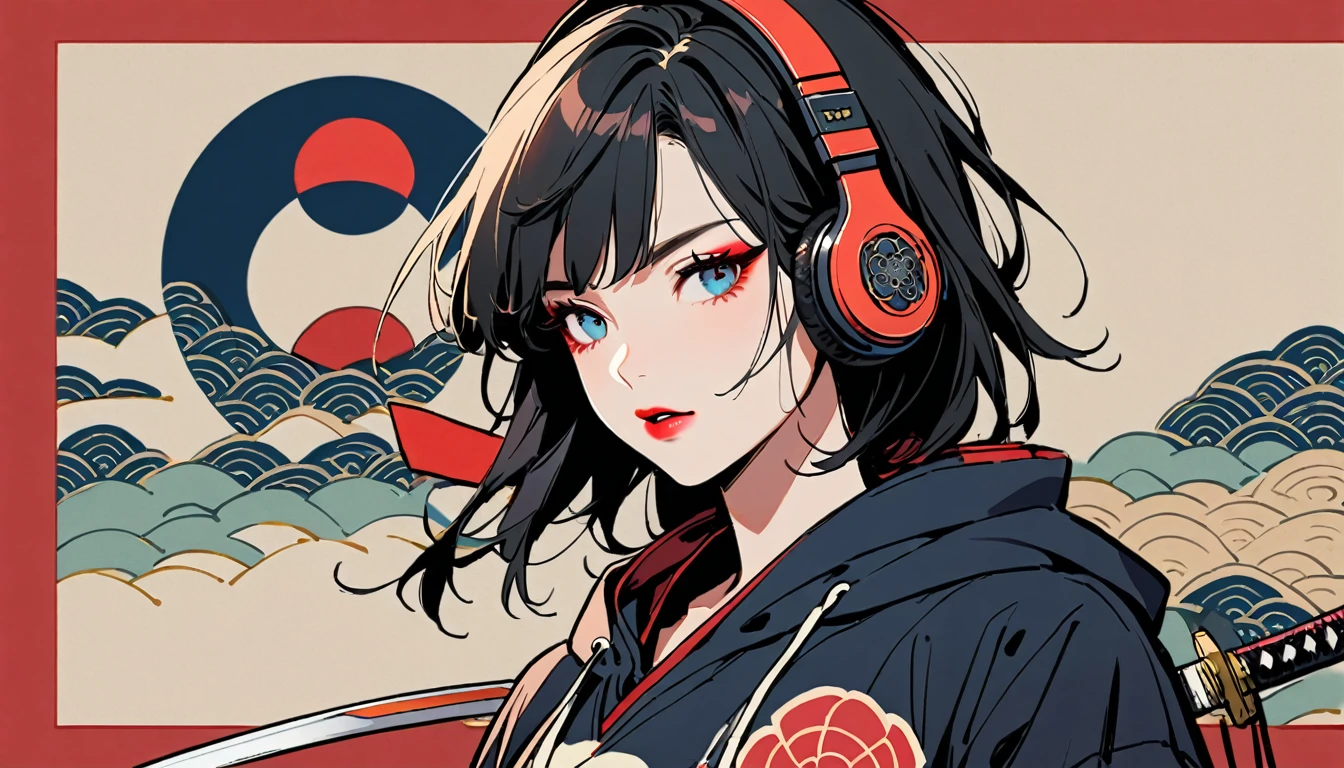 (((1 girl))), (((Flashy makeup))), (((Japanese style headphones))), (((Japanese pattern hoodie))), (((Japanese sword))), (((Female samurai))), Japanese beautiful girl, Black Hair, Delicate and precise, Modern ukiyo-e style, Japanese flag, red and blue neon