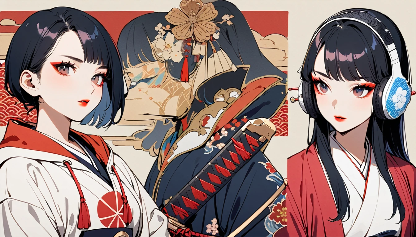 (((1 girl))), (((Flashy makeup))), (((Japanese style headphones))), (((Japanese pattern hoodie))), (((Japanese sword))), (((Female samurai))), Japanese beautiful girl, Black Hair, Delicate and precise, Modern ukiyo-e style, Japanese flag, red and blue neon