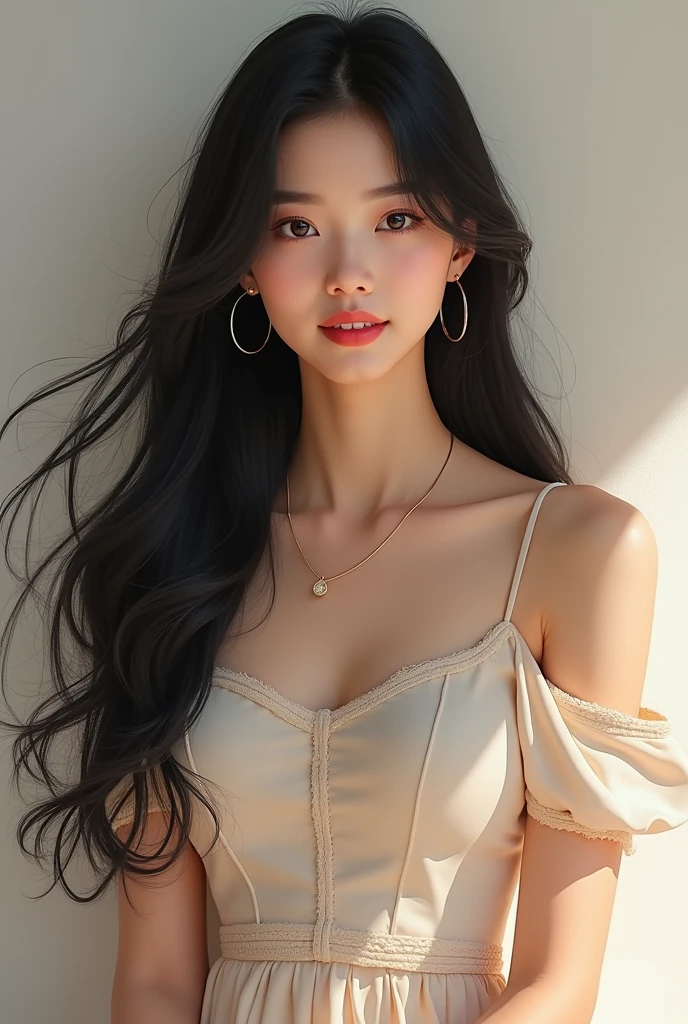 Real Korean girl wearing a short dress and her hair is black and long