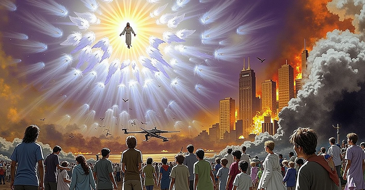 (melhor qualidade,Altas:1.2),ultra-detalhado,Realistic,figuras humanas,Man and woman standing in front of a crowd,Detailed facial expressions and proportions,Captivating eyes and lips,(prophetic art,arte sacra:biblical:1.1),epic biblical representation,arrebatamento celestial,Segunda vinda,Caught up to the sky,(master part:1.1),vivid colors,Saturar a cena,tons de cores suaves e quentes,Destaques e sombras sutis,Bright and hopeful general lighting,Dramatic and divine atmosphere