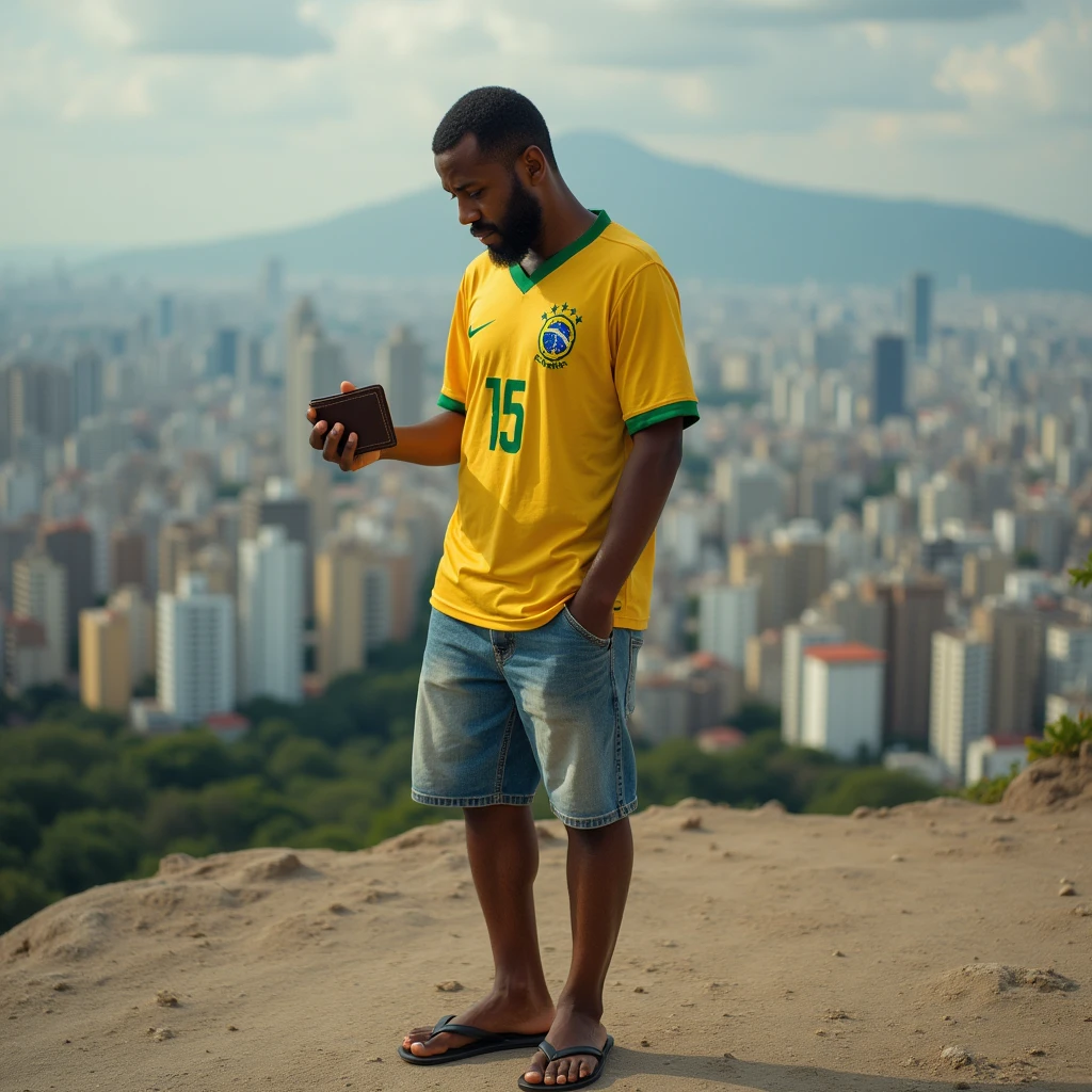 Um homem meia idade no Rio de Janeiro, reflexo, sandals,no sol do rio de janeiro,com um celular na mao e ventilador,deitado numa rede,rosto realista e corpo inteiro com bermuda e tatuagens como se fosse um gangster ,bonnet,hdr,realista,hd,segurando uma frigideira,asfalto derretido no calor na frigideira.