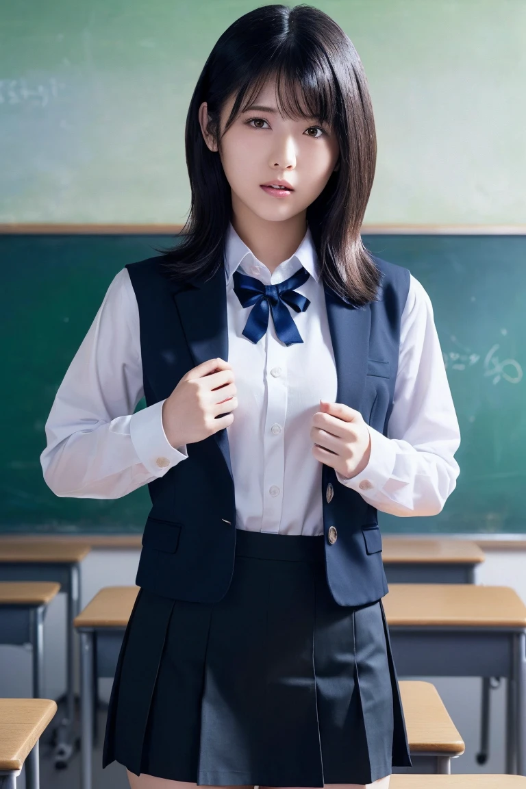 short hair(8k、Highest quality、masterpiece:1.2)、(Realistic、Ultra-detailed、Ultra-high resolution、Beautifully detailed face,Perfect body,(One girl,Long black hair),(school uniform,School Blazer,Purple Shirt,Navy Skirt,White Thailand),Browsing Caution, School,Japan, .Molester ,Pull up your skirt,Masturbation,Pussy,No underwear,A teacher and a female student have sex in a classroom with a lot of sperm on her uniform