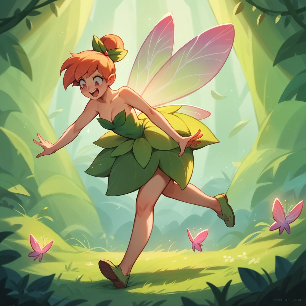 A masterpiece, top quality, highly detailed, extremely detailed, ultra-realistic, humorous, subtle anime style illustration. Fairyland, cinematic lighting, a donut shop run by fairies, Tinkerbell the fairy eating a giant donut, she is a character from "Peter Pan".