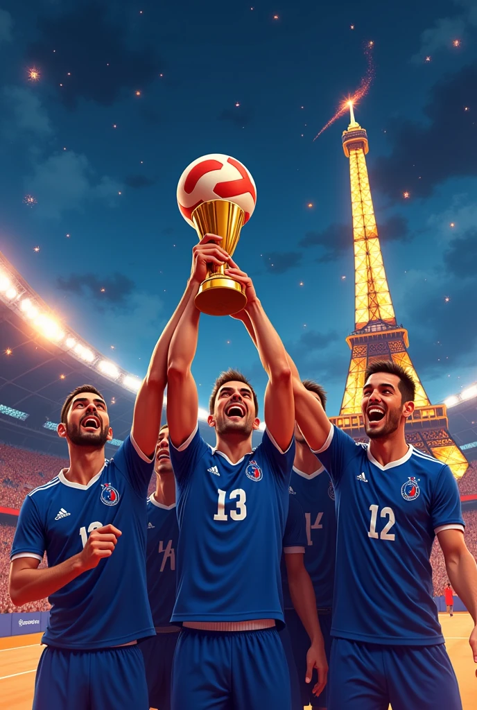 Illustrer la victoire de l’équipe de France de volley balle en finale des JO de Paris. Assurez-vous que la tour Eiffel à l'arrière-plan s'illumine