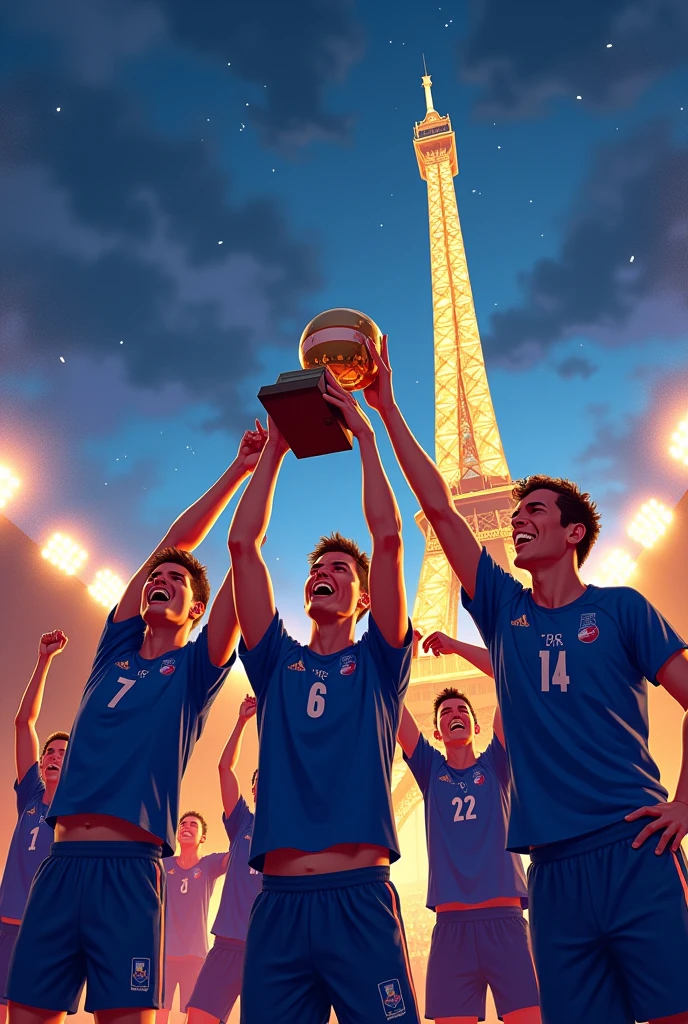 Illustrer la victoire de l’équipe de France de volley balle en finale des JO de Paris. Assurez-vous que la tour Eiffel à l'arrière-plan s'illumine