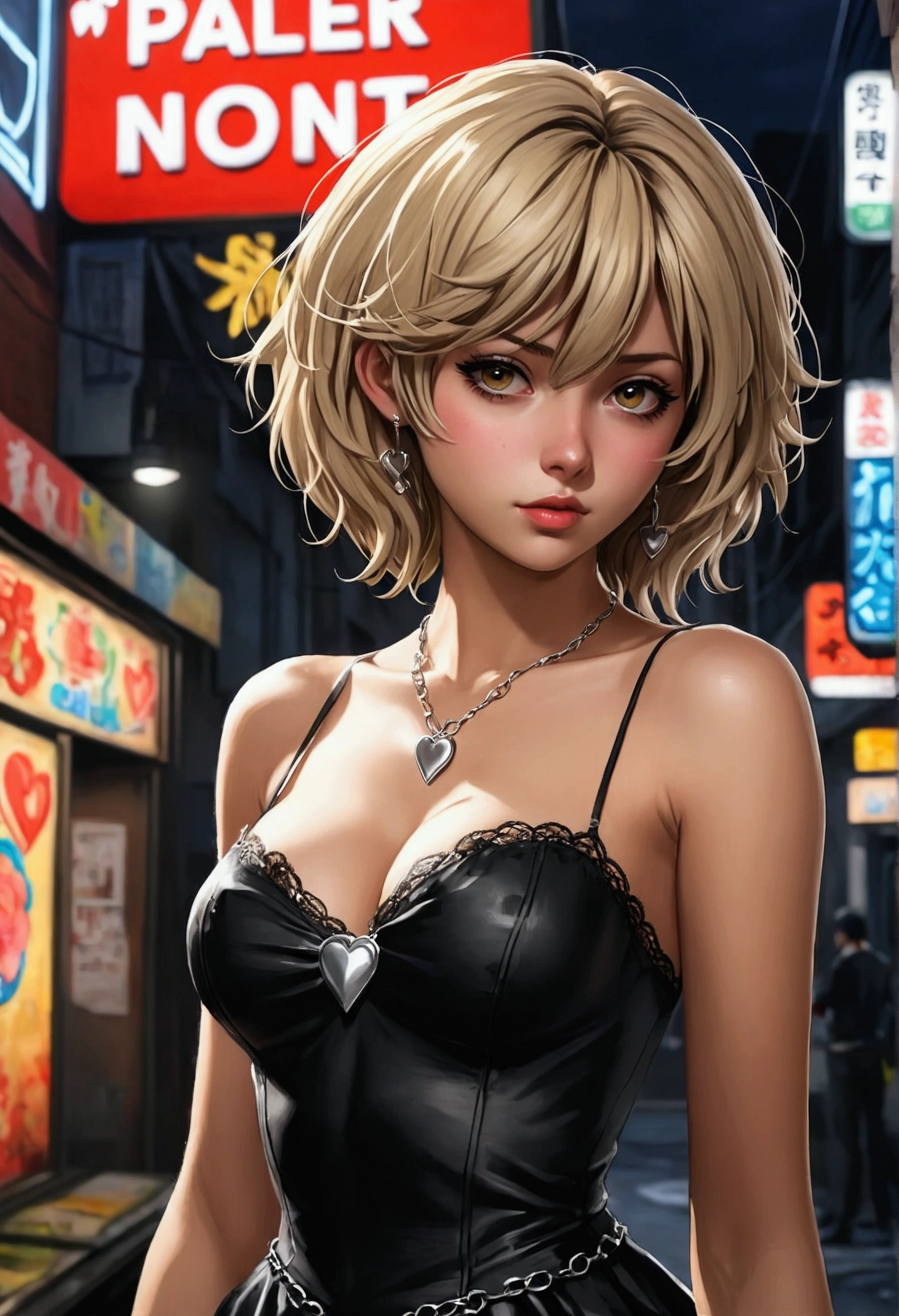 atmosphere oleosa hearts Blonde  GTA sexy big tits line hair no meio floresta eletrônica surrounded by neon signs de joelhos ""com uma arma apontando um magnum prata para seu rosto"" vestido silver black com big correntes brilhantes com arcos with a slight wind lifting herrealistic, ultra high htperdelalyt great attention to the body and face UHD 8K Watercolor, trending on artstation sharp focus, studio photo, intricate details, highly detailed n anime 2d death note