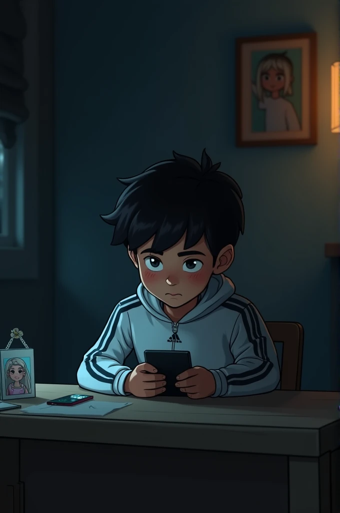 more animated characters, No realism , with the protagonist a bit chubby, dark hair white, an Adidas jacket *Scene 1:**
- **General plan**: Geraldo sitting in his room, The environment is dark., with a faint light illuminating Carlinha's photo ( your sister, with white, straight hair and a delicate face, animated character) On the table.
- **Detailed Plan**: Phone on the table starts ringing, vibrating silently.(cell phone vibrates)
- **medium shot**: Geraldo answers the phone, with an expression of shock and confusion, looking at the cell phone screen that shows an unknown number.
--