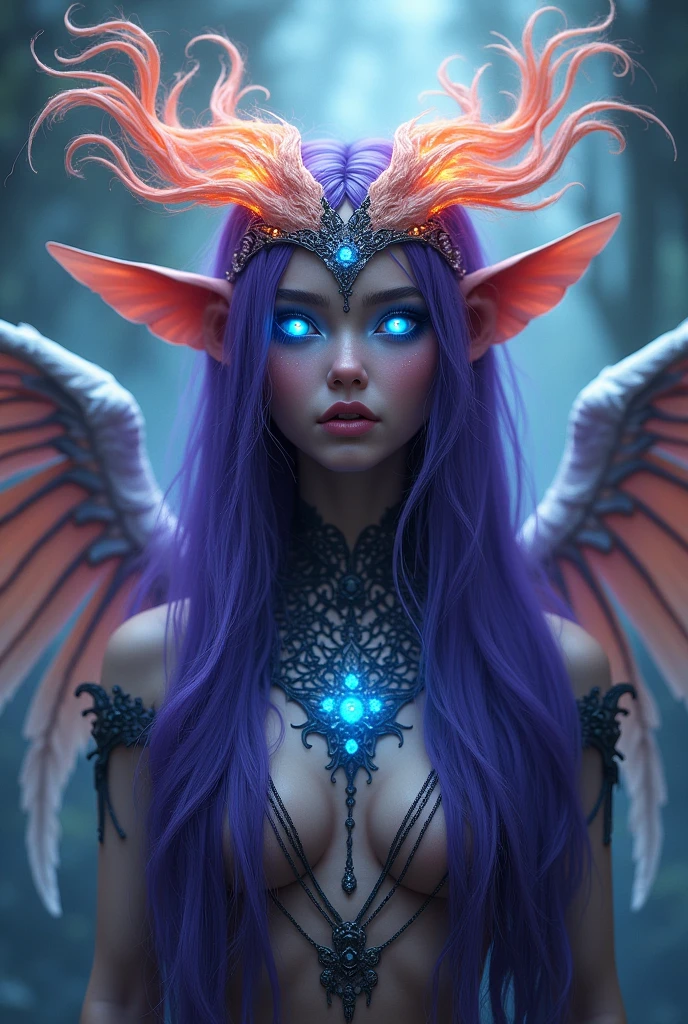 Purple haired thing with wings and fire hair with big blue eyes