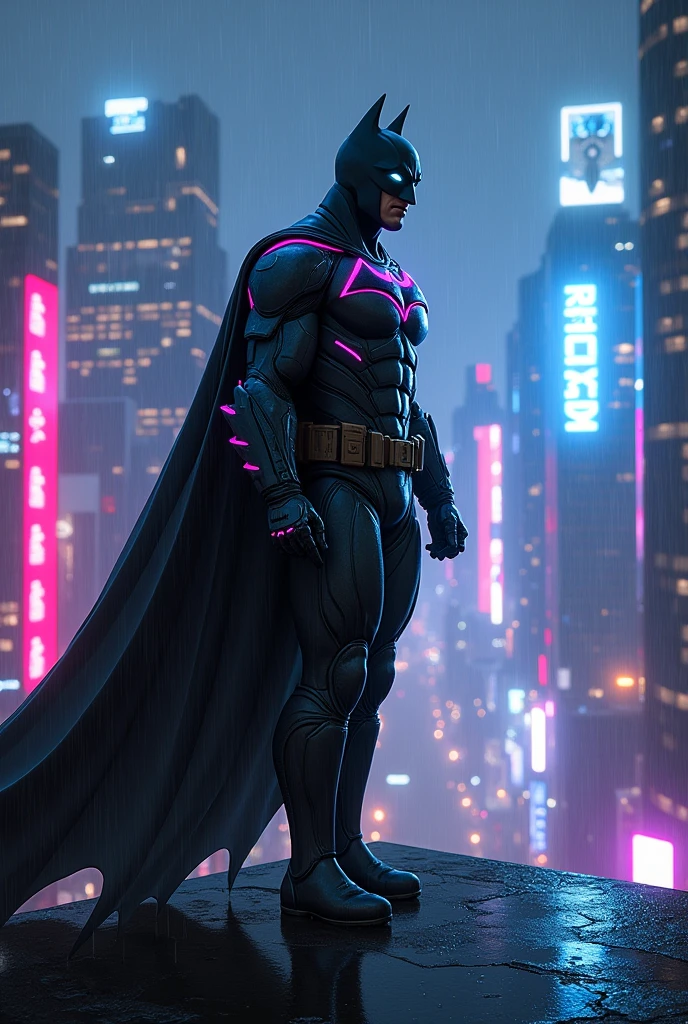 A futuristic Batman standing on a rooftop overlooking a neon-lit Gotham City at night. The city's skyline is filled with glowing neon signs and holographic billboards, casting vibrant hues of blue, pink, and purple across the dark, rainy atmosphere. Batman's suit is sleek and modern, with glowing neon accents, especially around the eyes, chest symbol, and gauntlets. The background should feature a digital cityscape with towering skyscrapers, neon streaks in the sky from flying vehicles, and a slight rain effect, reflecting the neon lights on the wet surfaces. The art style should blend digital realism with a cyberpunk aesthetic, emphasizing sharp lines and glowing elements.