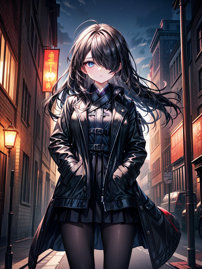 ((Oriental Project)),((masterpiece)),((Highest quality)),((Fascinating)),((alone)),((Deep blue pupils)),((Beautiful Blue Eyes)),((Wearing a black coat)),((Wearing a black mini skirt,She is wearing black tights under her skirt)),((Slim body)),((length, Shiny black hair)),((Hair blowing in the wind)),((Her hair is parted, and you can see her eyes through it)),((Wearing black gloves)),((hair over one eye,long hair)),((Put your hands in your pockets)),((Complex background)),((Fantastic night nature))