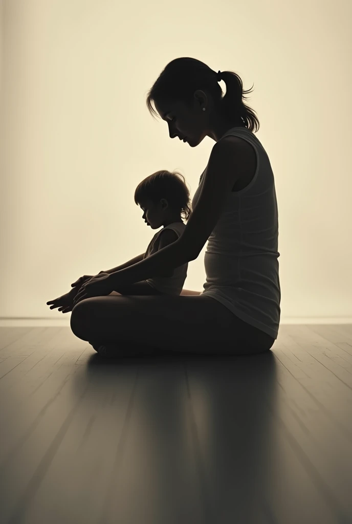 A silent, reflective image showing the silhouette of a woman sitting on the floor, with your knees drawn up to your chest. Within your shadow, there is the smaller silhouette of a *****, female sitting in the same posture, hugging the legs. The scene is minimalist, focusing on the interaction between the two figures, highlighting the theme of the inner child. The background is soft and muted., using subtle contrasts of light and dark to evoke a sense of introspection, healing and the deep connection between a woman&#39;s present self and her inner child.