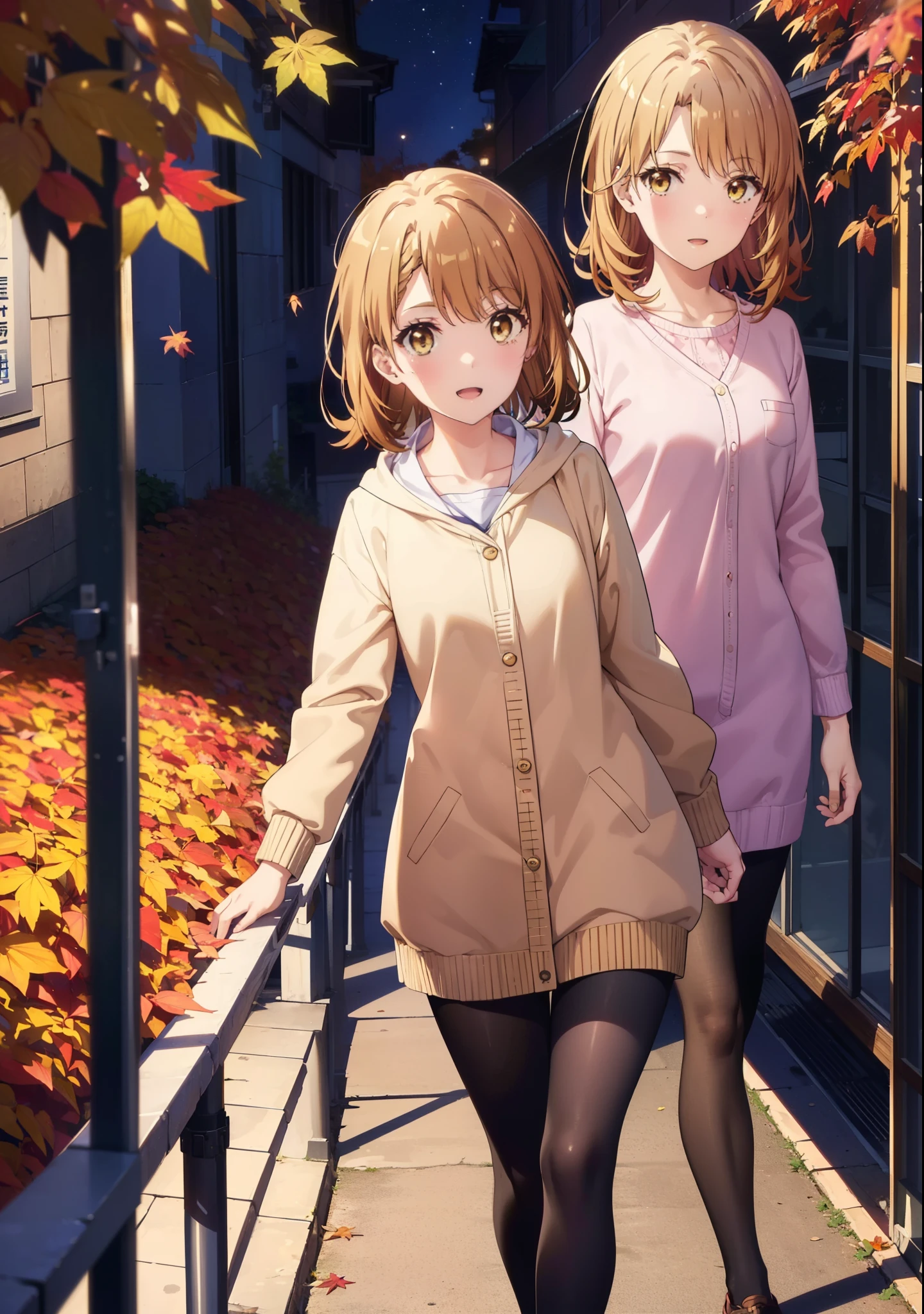Irohaisshiki, isshiki iroha, short hair, Brown Hair, (Brown eyes:1.5), happy smile, smile, Open your mouth,Pink oversized hoodie,mini skirt,black tights,short boots,Flower Hair Ornaments,autumn leaves,autumn leavesが散っている,Walking,moonlight,night,whole bodyがイラストに入るように、
break outdoors, garden,
break looking at viewer,whole body,
break (masterpiece:1.2), Highest quality, High resolution, unity 8k wallpaper, (figure:0.8), (Beautiful attention to detail:1.6), Highly detailed face, Perfect lighting, Highly detailed CG, (Perfect hands, Perfect Anatomy),