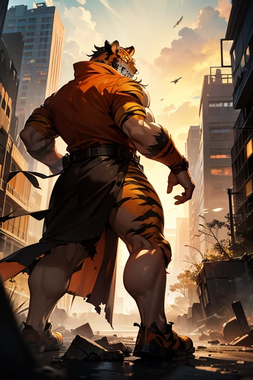 He is half human, half tiger. He is tall muscular and wide, with a marine coat and has orange colored aura surrounding him. Behind him is a destroyed city.