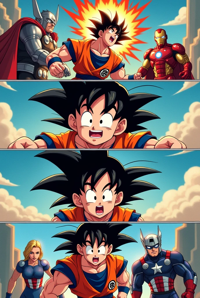Create me a 4-panel comic with clear Spanish lettering about Goku and Marvel