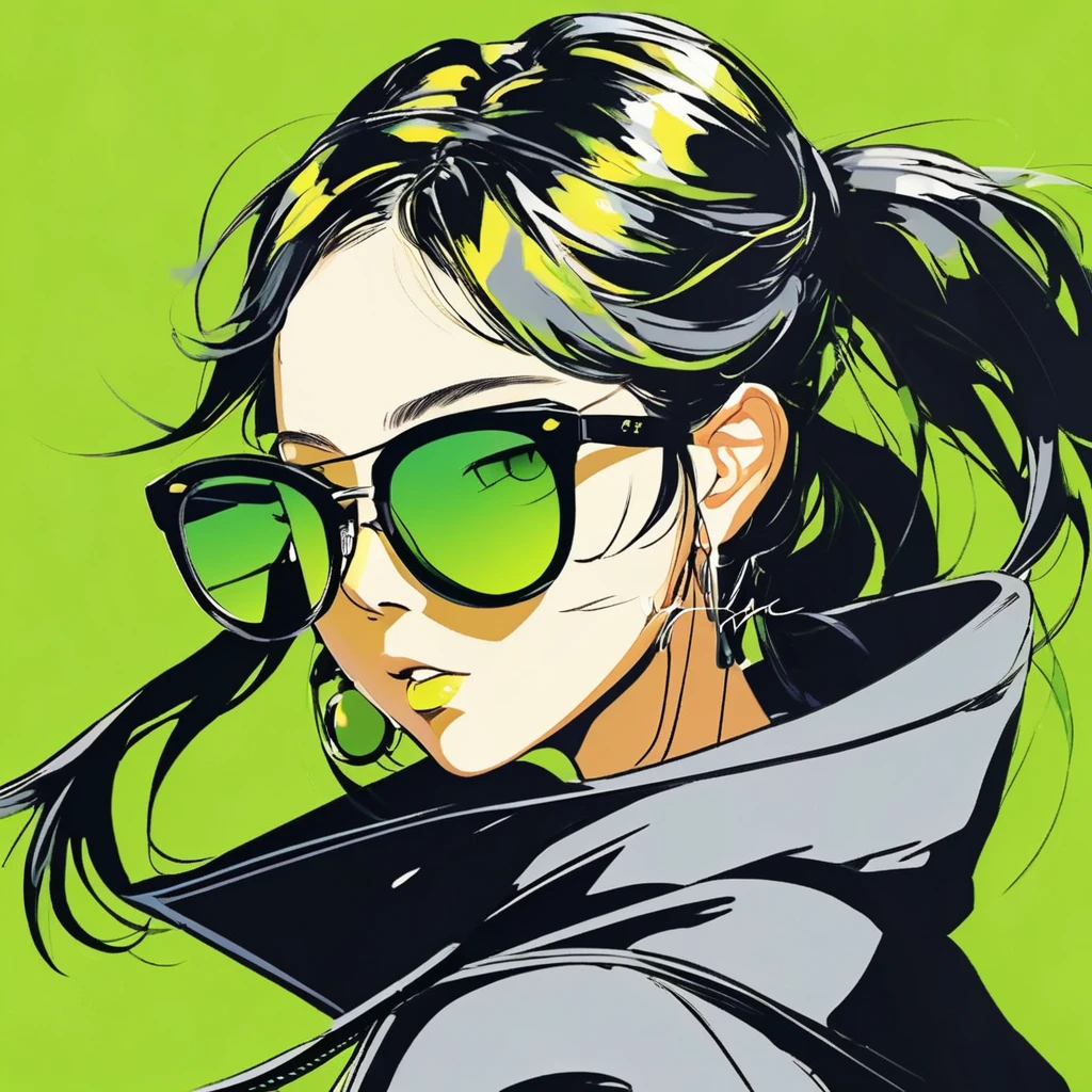 Anime girl with sunglasses in her hair, Gwaise style artwork, Digital illustration style, Anime Style illustration, Anime Style 4k, Yellow-green eyes, With shining eyes, Anime Style. 8k, hero, Persona 5 art style wallop