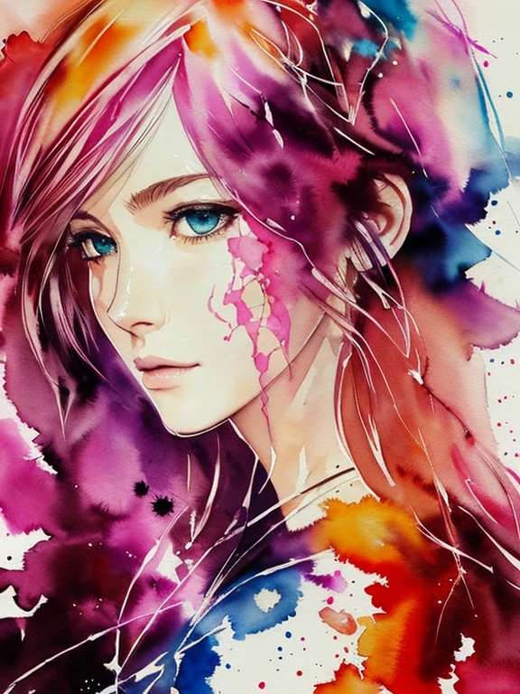 (((Agnes Cecile:1.3, watercolor))), breathtaking beauty, precise lineart, glowing design, ink drops, Final Fantasy XIII Character Lightning (Claire Farron), centered, key visual, intricate, highly detailed, breathtaking beauty, precise lineart:1.1, vibrant, comprehensive cinematic, ((Carne Griffiths, Conrad Roset)), autumn lights, (the most beautiful portrait in the world:1.5), (masterpiece, best quality), 