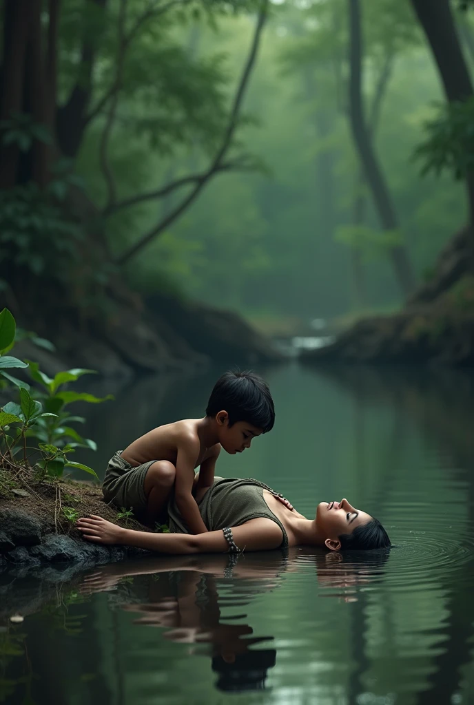 Sent by you:
a Indian kid sitting near by mother dead body in centre of filled water in forest