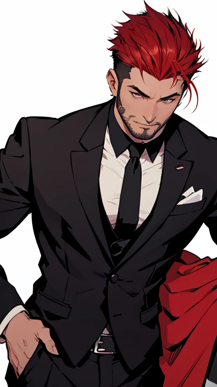 solo、a short haircut with spiky hair、Black suit、Black tie、A young man with red hair, short and slender.、(((Stubble))),American Comics、