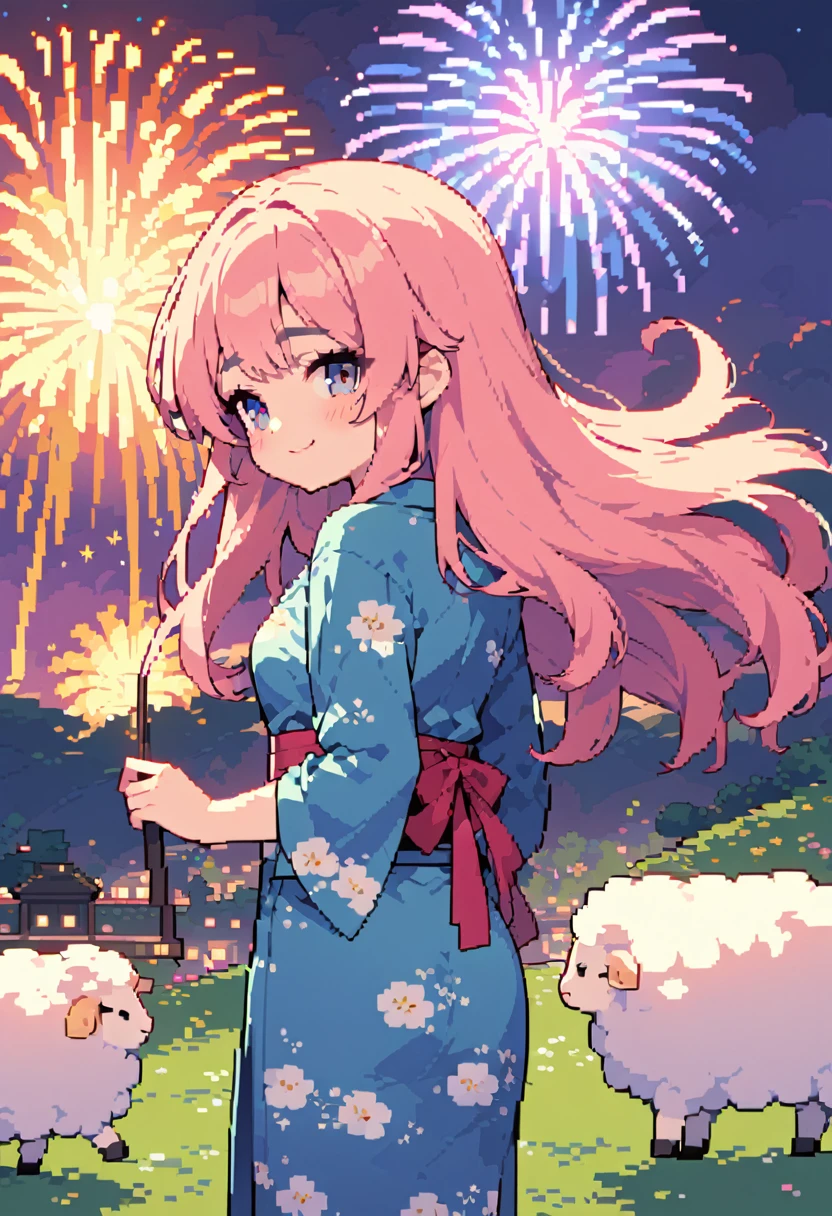 masterpiece, Highest quality, 8k, Pixel art, Pixel art, Vivid, Sheep, woman, 若いwoman, cute, Turning his back, Directed at an angle, Smiling, Fluffy hair, Long Hair, Hair like sheep's hair, Pink Hair, eyebrow, 太いeyebrow, Sheep pattern yukata, Fireworks display, Fireworks are going off, Large-flowered fireworks, night, From the top of the hill
