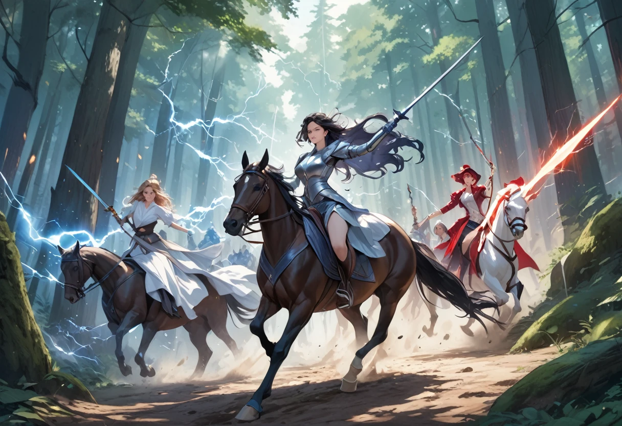 (masterpiece:1.5),(Beat quality),(high res),3girls,A female knight with a shining spear in her right hand,Riding a horse,A female adventurer wielding a sword,Magician Woman,thunder,forest