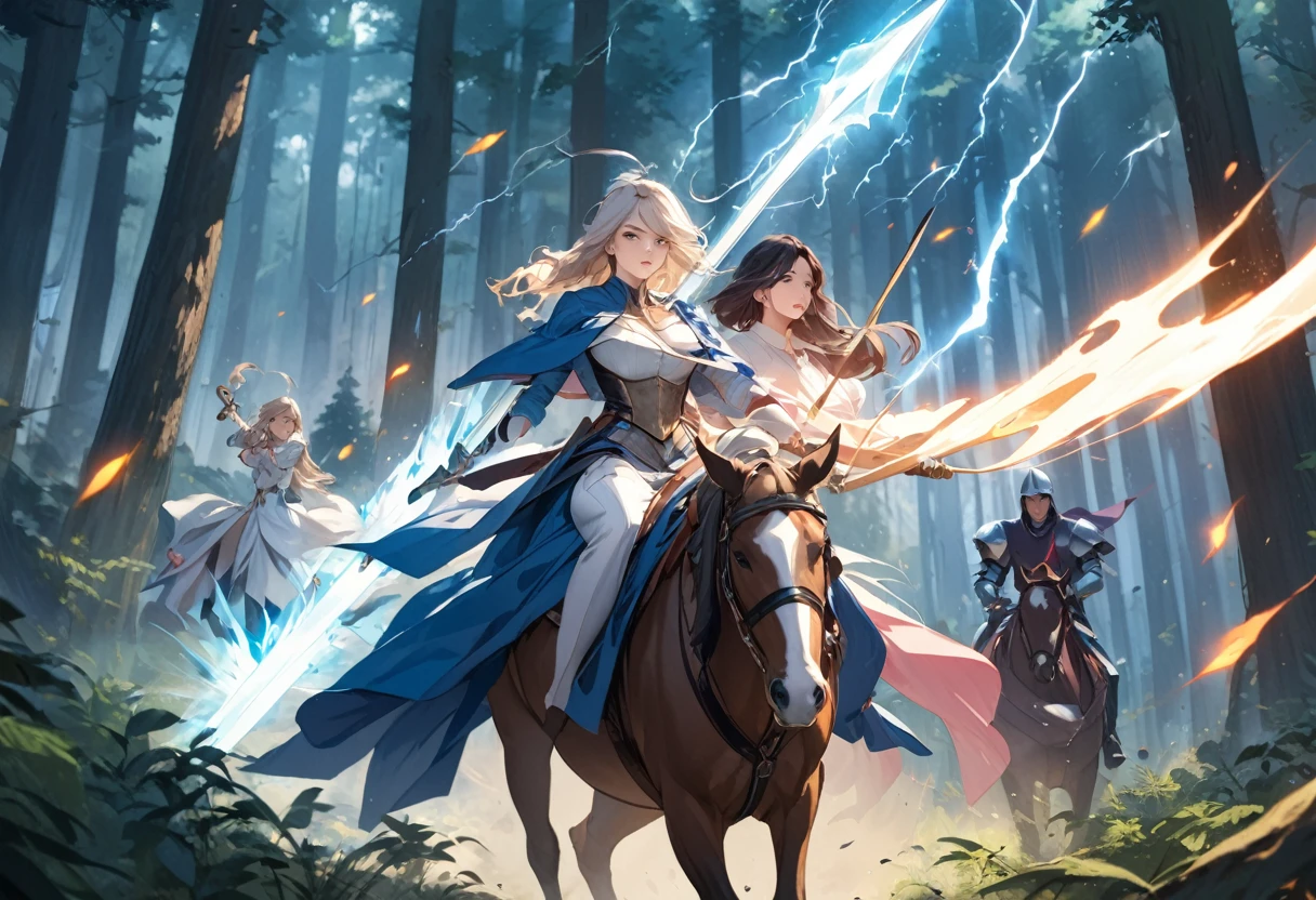 (masterpiece:1.5),(Beat quality),(high res),3girls,A female knight with a shining spear in her right hand,Riding a horse,A female adventurer wielding a sword,Magician Woman,thunder,forest