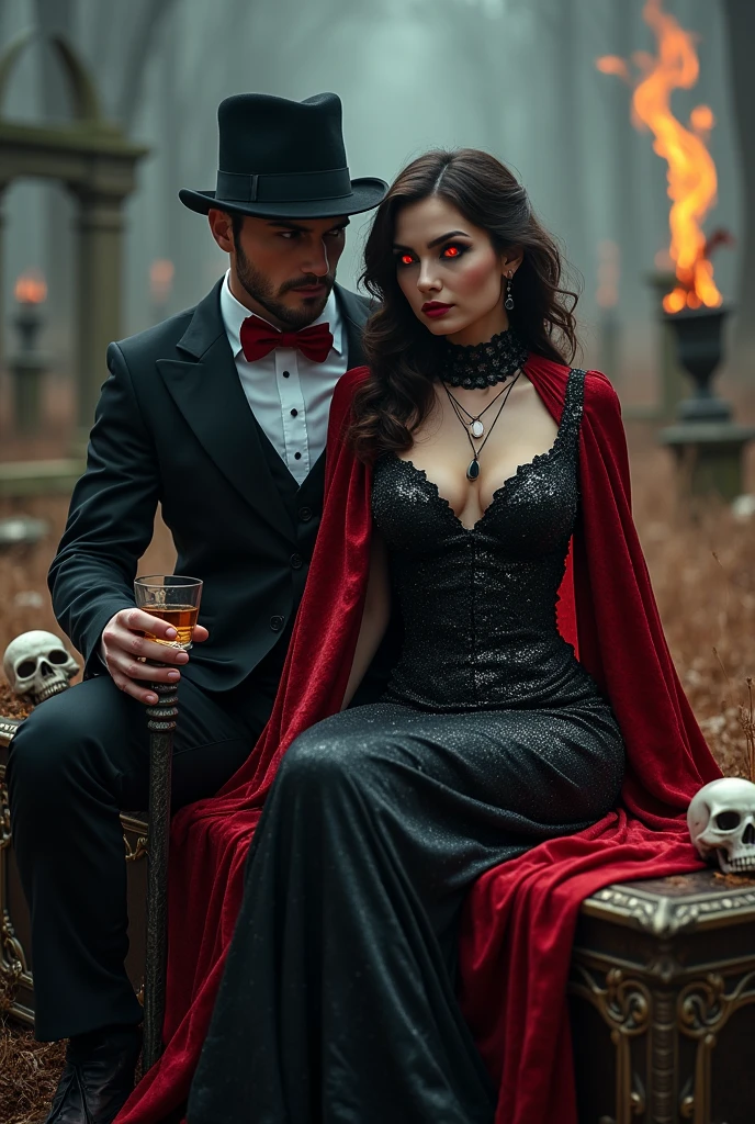 Beautiful woman and man, barba, seated on a coffin, black and red sparkly sexy dress, red and black cape, glass of champagne, candles, cemetery, fire, calaveras, whole body, necklaces, Red eyes, man black antique hat and red bow tie, walking stick, smile , vaso whisky, white men's clothing, Red eyes , darkness, terror
