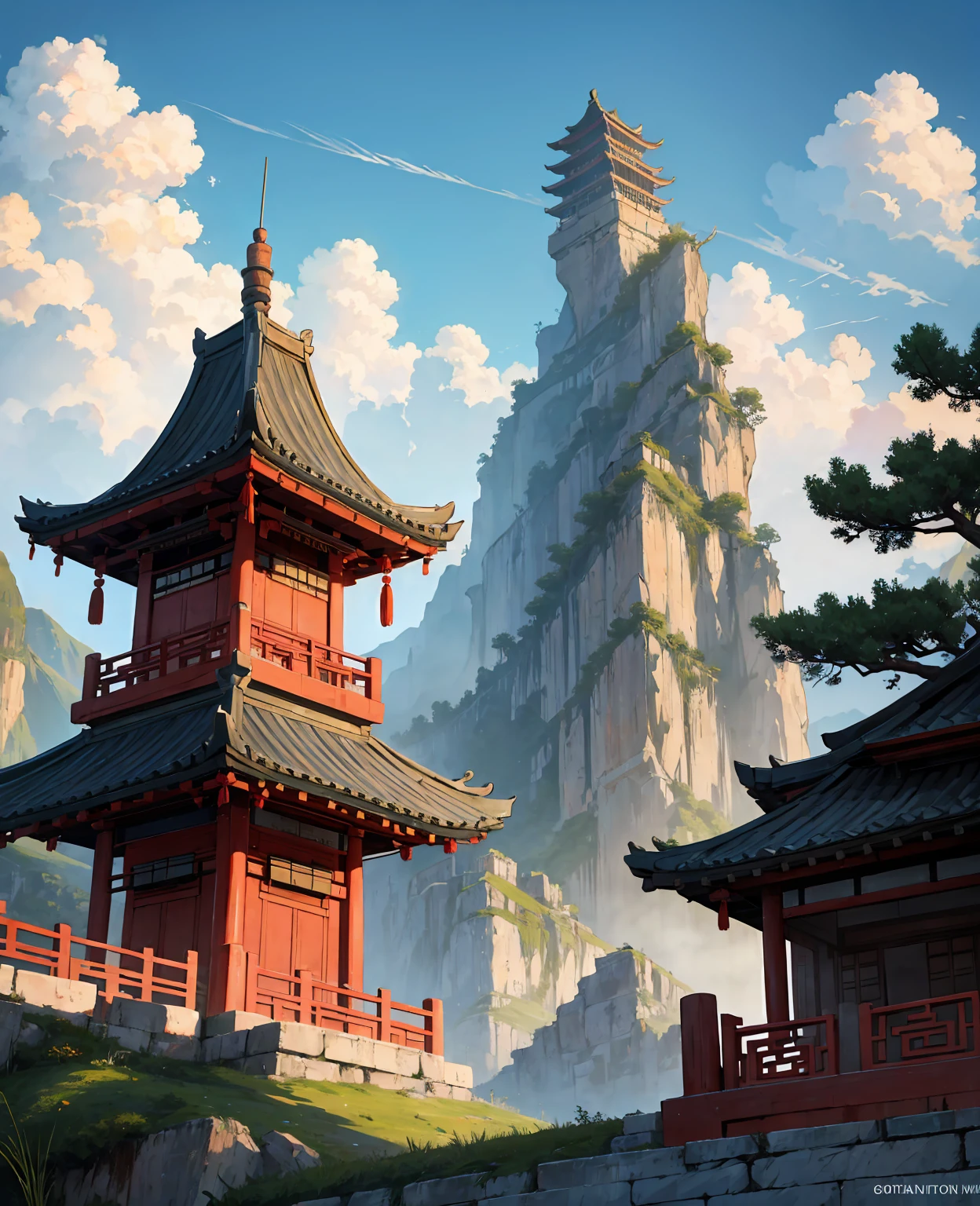 Mountains, clouds, ancient Chinese architecture, cranes