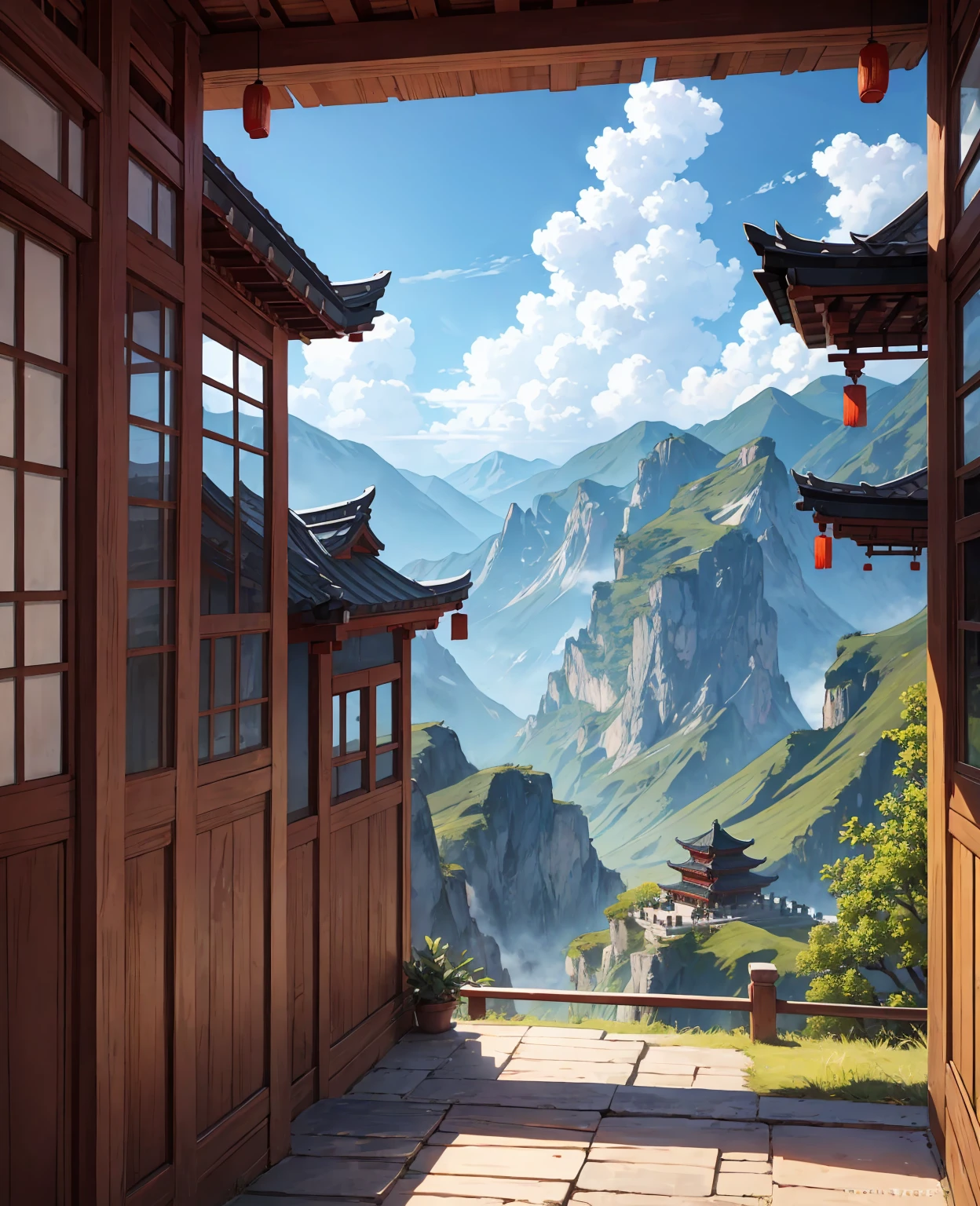 Mountains, clouds, ancient Chinese architecture, cranes