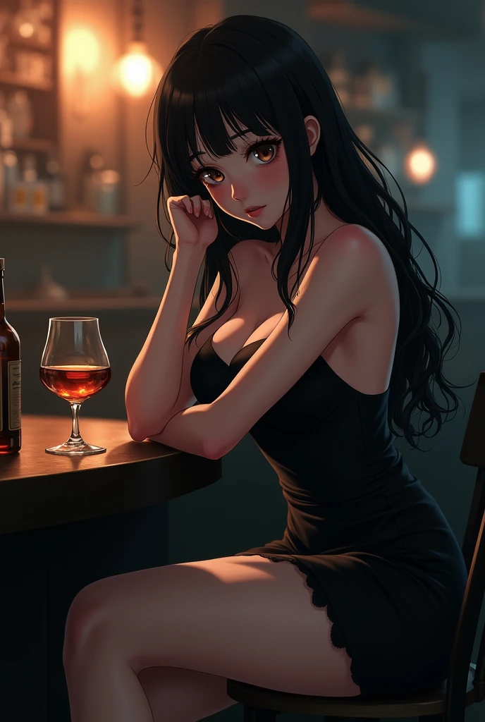 (anime) sad busty girl, sitting in a bar, holding a glass of whiskey, at night time, alone, using sexy dress, Big breasts