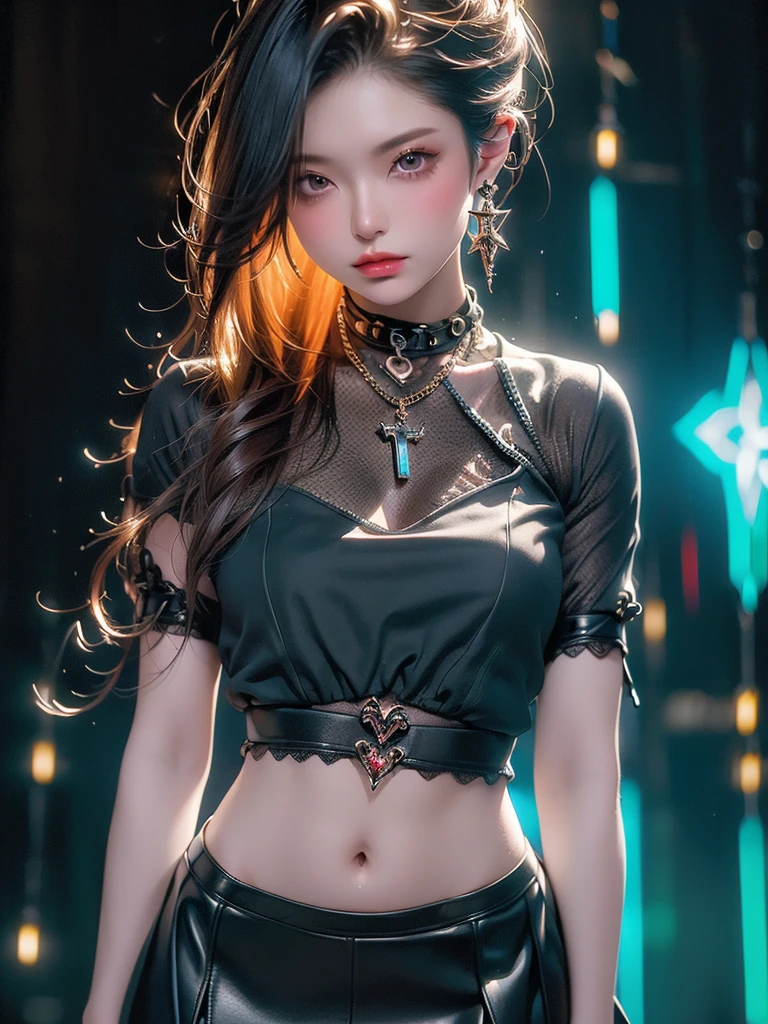 best quality, intricate details, chromatic aberration, 1girl, long hair, black hair, messy hair, red highlights, hair over one eye, red eyes, sharp eyes, choker,, , armbinder, arms behind back, bound arms,  