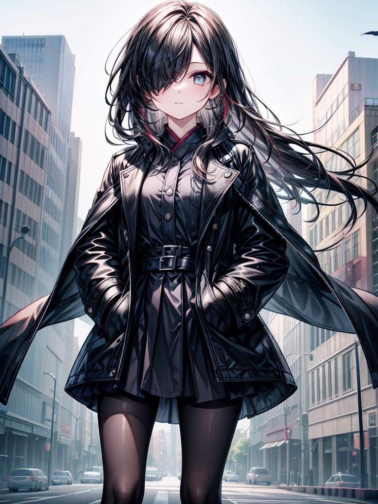((Oriental Project)),((masterpiece)),((Highest quality)),((Fascinating)),((alone)),((Deep blue pupils)),((Beautiful patterned eyes)),((Wearing a black coat)),((Wearing a black mini skirt,She is wearing black tights under her skirt)),((Slim body)),((length, Shiny black hair)),((Hair blowing in the wind)),((Her hair is parted, and you can see her eyes through it)),((Wearing black gloves)),((hair over one eye,long hair)),((Put your hands in your pockets)),((Complex background)),((Fantastic night nature))