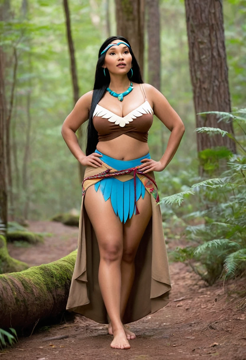 Full body shot of Disney's Pocahontas with a curvy body and large breasts. Wearing a skimpy outfit. Barefoot. In a forest 