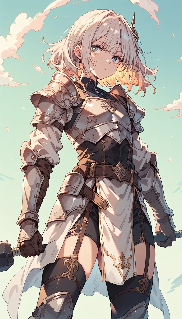 body shot, A young adventurer, femboy, medium hair, heavy armor,  heavy hammer , highly detailed, intricate,fantasy,(simple background),warrior