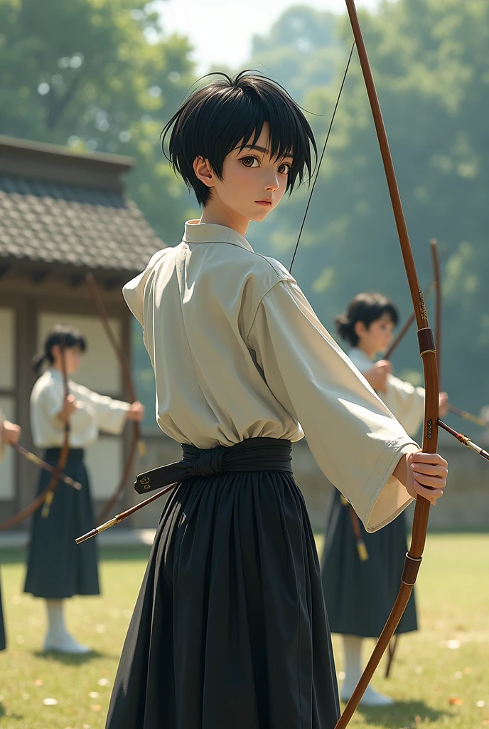 With black hair、Short hair just above the eyebrows、A Japanese high school boy、People wearing kyudo uniforms and practicing kyudo at the kyudo field。