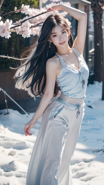 (logo、masterpiece、8k、Tabletop、RAW Photos、wonderful、最high quality、Photorealistic and very detailed CG synthesis 8k wallpaper、high quality、Very detailed、Narrative poem、Particle Effects、Dynamic Effects、Depth of text、Cinematic Light、Lens flare、Ray Tracing)、Fantasy、(1 beauty、Light blue hair、Beautiful Face、Real Face、Detailed eyes、Beautiful Skin、woman dancing gracefully:1.7、woman dancing gracefully:1.7)、windになびく髪、髪弾む髪がwindに舞う、Hair Jump、Light blue halter top、Light blue leather pants suit、Light blue leather jacket、Silver Earrings、night、wind、darkness、Snow and hoarfrost、Frozen Winter Day、snow-capped mountains and forests、hoarfrost、Snow-capped mountain々、The beauty and brilliance of frost-covered trees、Silent and beautiful grasslands in a world of ice and snow、vast land、Lakeside、wonderful view、美しい自然のwindの景色、Night Sky、wind、cherry blossoms、cherry blossomsの花びらが舞っている、cherry blossoms snowstorm、Falling petals