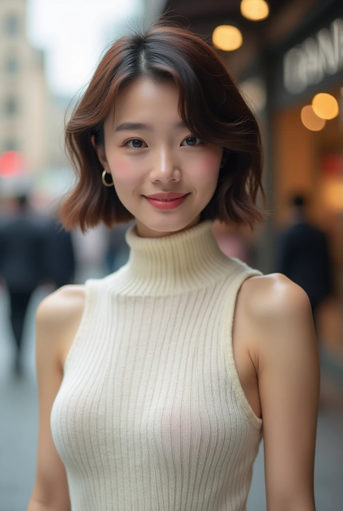 (highest quality、table top、8k、best image quality、Award-winning work)、one beautiful woman、25 years old、alone、perfect beautiful composition、perfect fit、(Full body photo:1.1)、(emphasize body line:1.2)、(Perfect and bright turtleneck sleeveless knit sweater dress:1.2)、(Perfect and precise turtleneck sleeveless knit sweater dress:1.1)、(very big breasts:1.1)、slender body、(elegant straight short hair:1.1)、smile looking at me、(Strongly blurred background of the shopping street in front of the station:1.1)、Standing gracefully、natural makeup、Ultra high definition beauty face、ultra high definition hair、Super high-definition sparkling eyes、(Shining ultra-high definition beautiful skin:1.1)、Super high resolution glossy lips、accurate anatomy、ultra high definition hair、(closed lips:1.1)、(very bright and vivid:1.2)