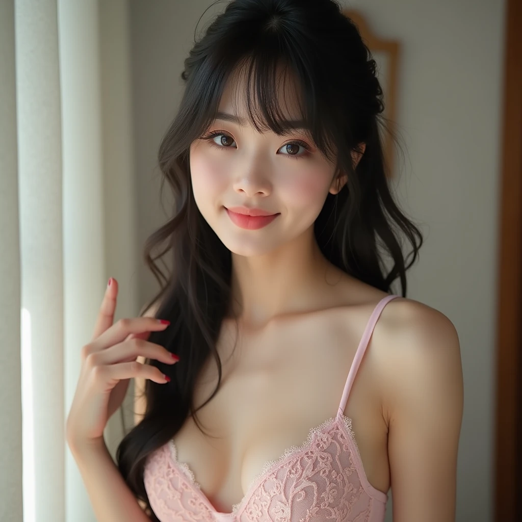 raw photo of a cute 18-year-old japanese girl with black long hair and bang between eyes, Cute idol high school girl,cute 18 year old gravure idol, j-pop idol style, Very beautiful sexy light red ponytail hair, breasts exposed, pink, cat green big eyes, Highly detailed, 25 years old, slim, full body, innocent face, naturally wavy hair, full body, High resolution, Masterpiece, best quality, intricate high detail, Highly detailed, Sharp focus, Detailed skin, realistic skin texture, texture, detailed eyes, professional, 4k, Charming smile, shot with canon, 85mm, slight depth of field, Kodak color vision, Body in perfect shape, extremely detailed, photographer_\\( ultra \\), photographerrealistic, realistic, Post-processing, maximum details, roughness, real life, ultrarealistic, photorealism, photography, 8k hd, Netstockings,stands in a seductive pose for the camera inside her bedroom, playing with her hair, a 18 year old girl wearing Lace Embellished Bustier lingerie,