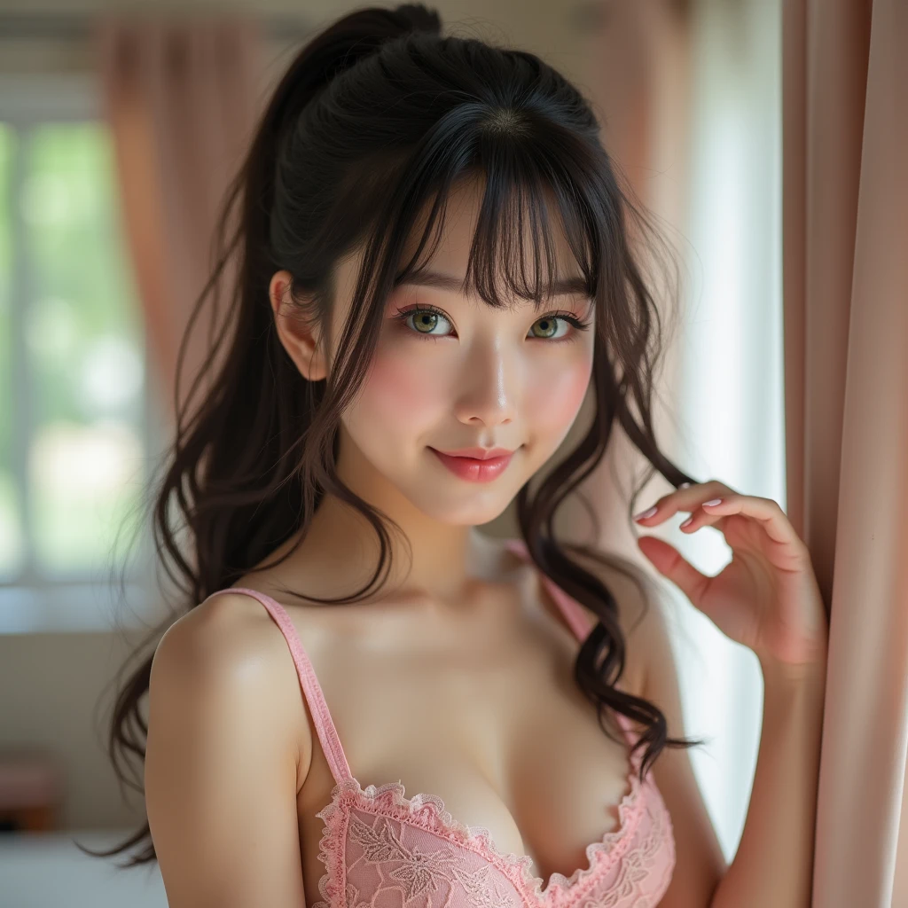 raw photo of a cute 18-year-old japanese girl with black long hair and bang between eyes, Cute idol high school girl,cute 18 year old gravure idol, j-pop idol style, Very beautiful sexy light red ponytail hair, breasts exposed, pink, cat green big eyes, Highly detailed, 25 years old, slim, full body, innocent face, naturally wavy hair, full body, High resolution, Masterpiece, best quality, intricate high detail, Highly detailed, Sharp focus, Detailed skin, realistic skin texture, texture, detailed eyes, professional, 4k, Charming smile, shot with canon, 85mm, slight depth of field, Kodak color vision, Body in perfect shape, extremely detailed, photographer_\\( ultra \\), photographerrealistic, realistic, Post-processing, maximum details, roughness, real life, ultrarealistic, photorealism, photography, 8k hd, Netstockings,stands in a seductive pose for the camera inside her bedroom, playing with her hair, a 18 year old girl wearing Lace Embellished Bustier lingerie,