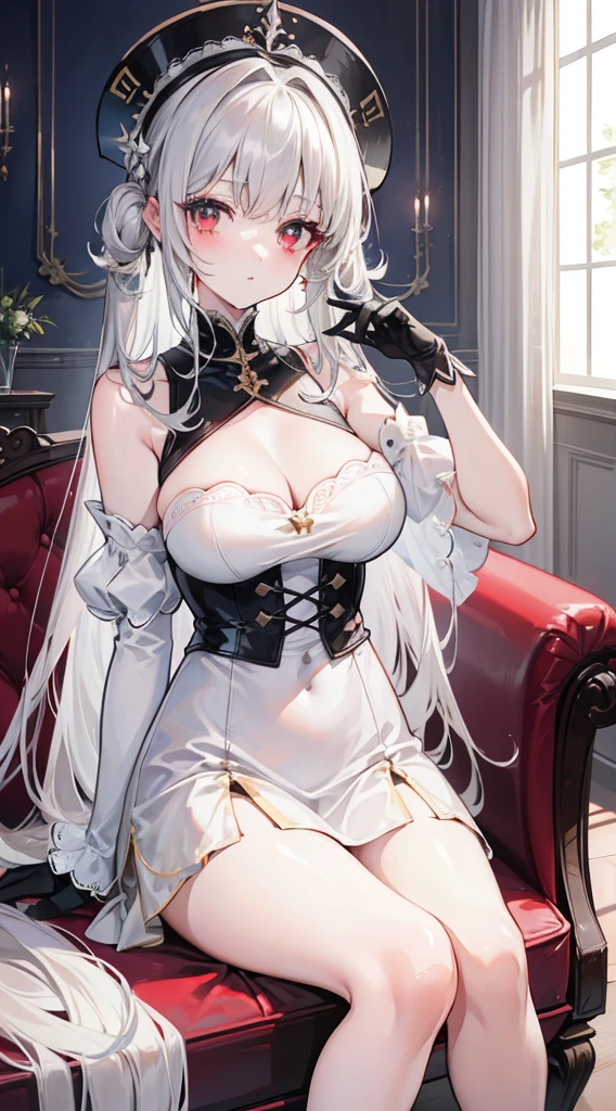 (top-quality、masterpiece、high-level image quality、Super delicate)、a beauty girl、smooth ash white hair、Loose curly hair、Hair is shoulder-length、red eyes、Ready Style、large full breasts、Clothes that kill virgins、Black Knee High Socks、top grade、inside in room、Sit on the red sofa with your legs crossed、Black long gloves