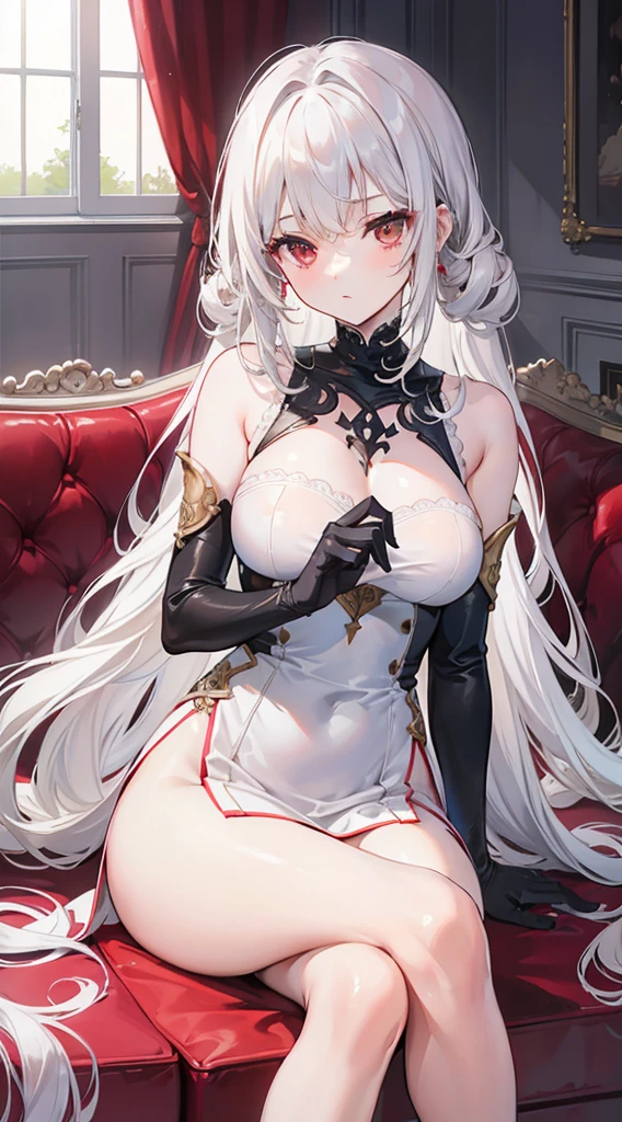 (top-quality、masterpiece、high-level image quality、Super delicate)、a beauty girl、smooth ash white hair、Loose curly hair、Hair is shoulder-length、red eyes、Ready Style、large full breasts、Clothes that kill virgins、Black Knee High Socks、top grade、inside in room、Sit on the red sofa with your legs crossed、Black long gloves