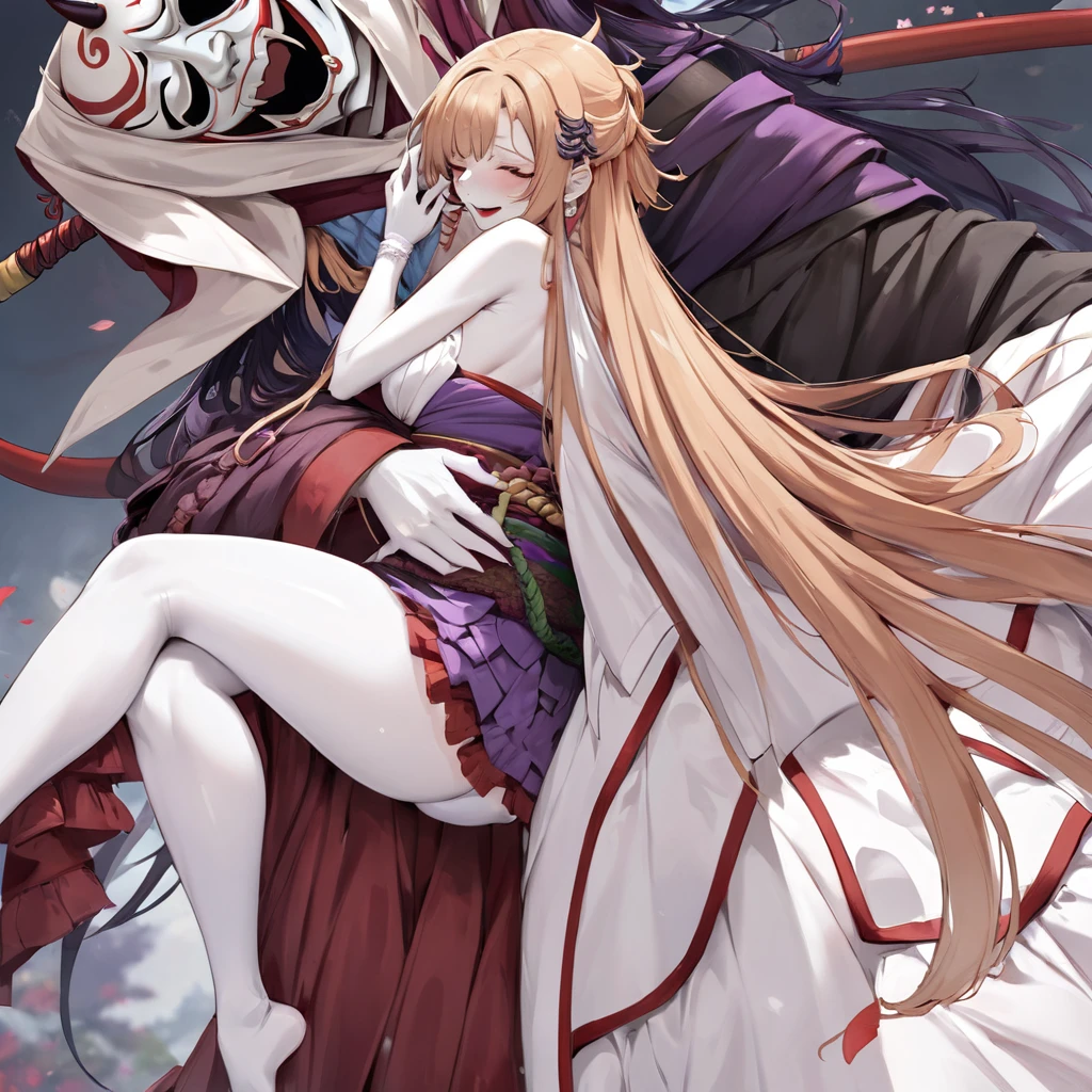 ((Highest quality)), ((masterpiece)), (detailed), （Perfect Face）、The woman in the Hannya costume is Yuuki Asuna, with light brown, semi-long hair and a Hannya mask covering her entire face, and her whole body is pure white skin.、The woman is in the state of Hannya in both body and mind, and her face is completely Hannya.、The woman is wearing a sexy, alluring, and provocative outfit, adorned with accessories.、The woman is embracing, kissing and having sex with the leader of the Prajna Party.、The woman became the wife of the leader of the Prajna Party and the couple became a loving couple.