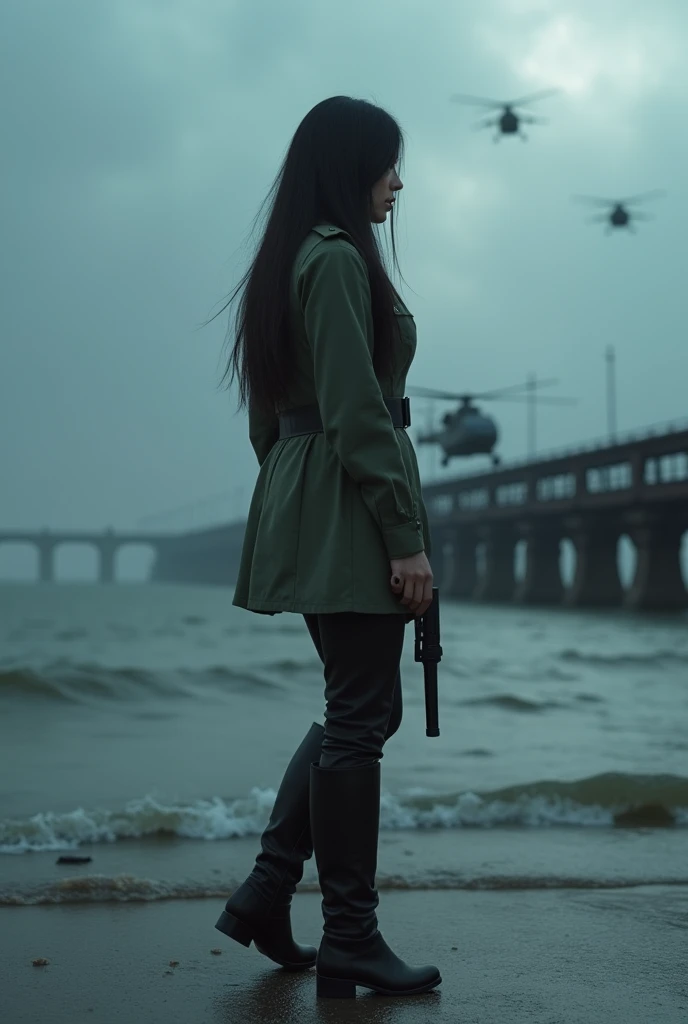 A 30-year-old woman with long black hair wearing military uniform.,Boots， trousers，high-heel boots，full-body shot，side，War Background，seaside，Iron bridge, Helicopters，Dark clouds sky，Science Fiction, dark的心情, full-body shot片，War atmosphere，Excellent detail，full-body shot片，Film Style，Soviet era，dark，Depressing atmosphere，In the wind and rain，Holding a pistol