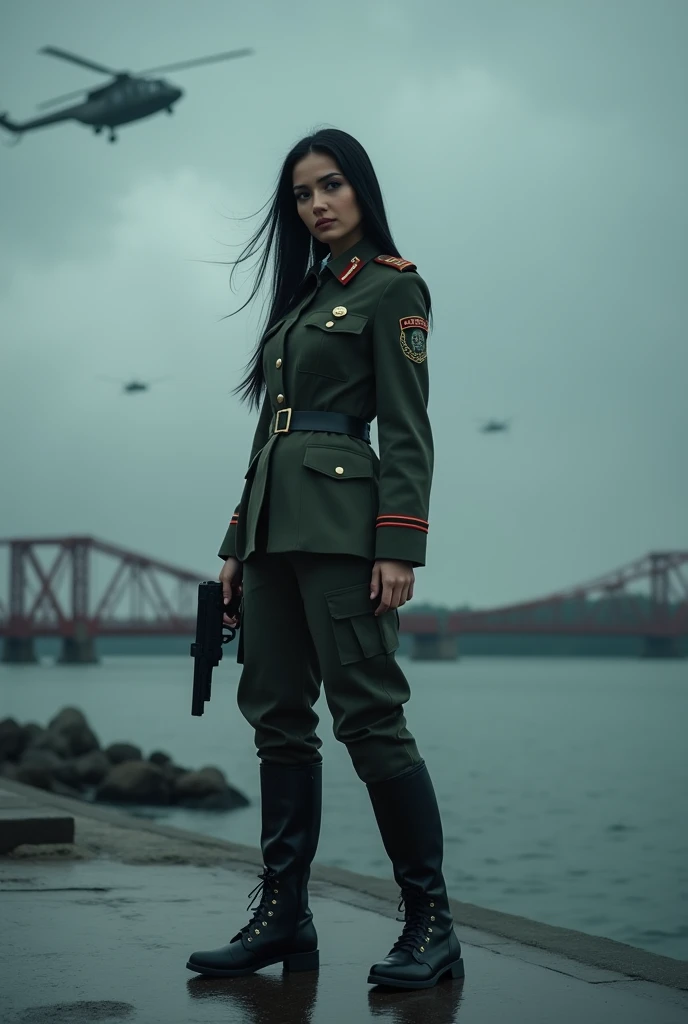 A 30-year-old woman with long black hair wearing military uniform.,Boots， trousers，high-heel boots，full-body shot，side，War Background，seaside，Iron bridge, Helicopters，Dark clouds sky，Science Fiction, dark的心情, full-body shot片，War atmosphere，Excellent detail，full-body shot片，Film Style，Soviet era，dark，Depressing atmosphere，In the wind and rain，Holding a pistol