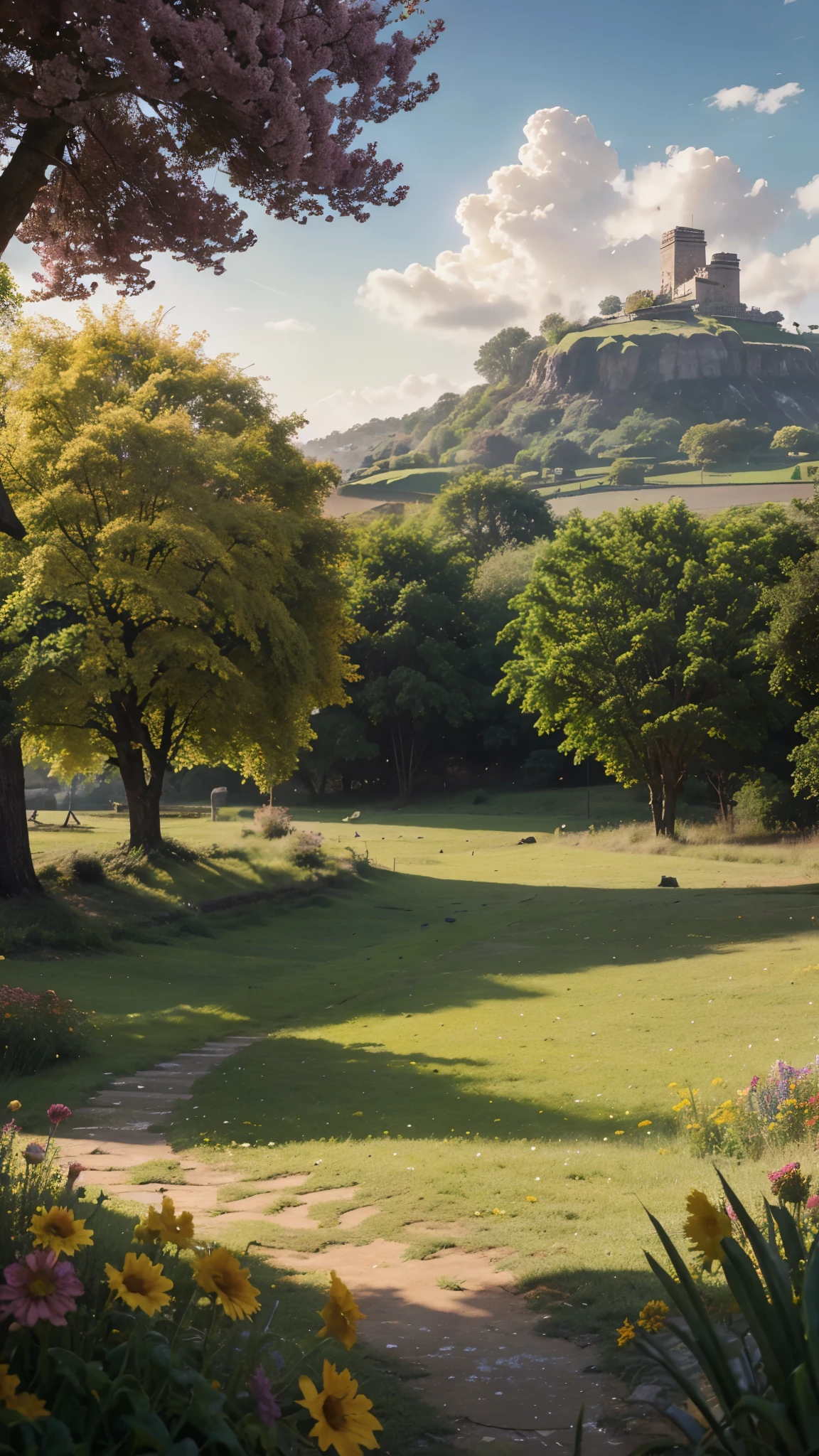 landscape, Indian Summer, Vibrant, Resurrection, Birdsong and Flowers, And the wind and drizzle, sunny, Surrealism, Hyperrealism, cinematic lighting, image fill, UHD, best quality, UHD